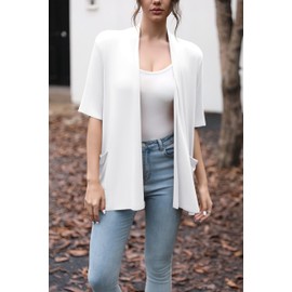 HIYIYEZI Women's Short Sleeve Open Front Cardigan Casual Loose Lightweight Cardigans with Pockets (Large,White)