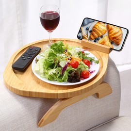 Couch Arm Tray Table, Bamboo Clip-on Couch Arm Tray with 360° Phone Holder, Foldable Sofa Armrest Table for Eating, Drink, Snacks, Coffee, TV, Remotes