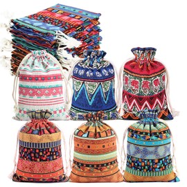NVGVUP 30 Pcs Small Cotton Bags with Drawstring, Ethnic Style Linen Burlap Bags, Jewelry Coin Storage Bags, Christmas party gift bags, Reusable Grocery Bags Candy Bags for Wedding Birthday(10 x 13 cm)