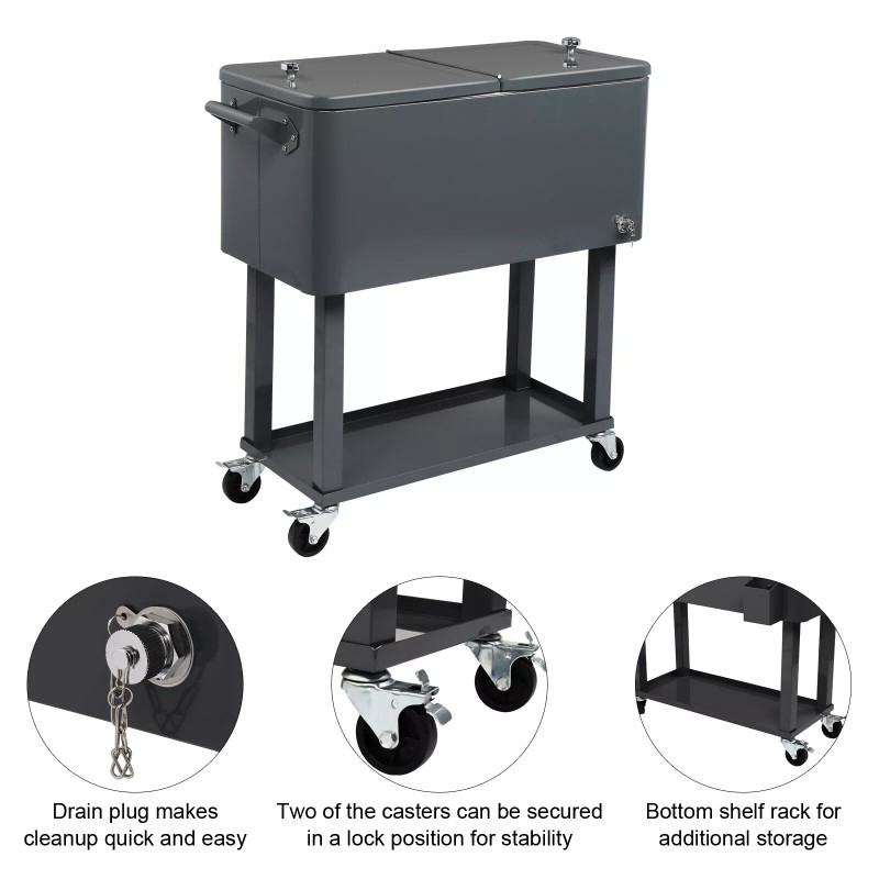 Jutoop 80QT Insulated Trolley - Dark Gray Plastic Rectangular Rolling
