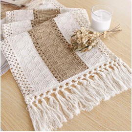 Blue Day Boho Table Runner for Christmas Home Decor with Tassels 72 Inches Long Farmhouse Rustic Table Runner Macrame Burlap Table Decoration for Living Room Bridal Shower(12x72 Inches)