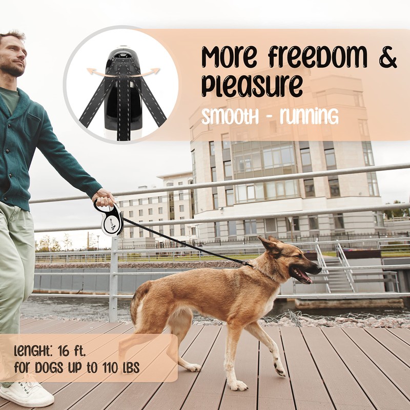 BLUZELLE 16ft Retractable Leash with Reflector Strips, for Medium &