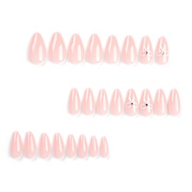 MERVF Almond Press on Nails Medium Fake Nails Press ons Nude Glue on Nails with Bow Rhinestones Design Stiletto Acrylic Nails Glossy 24pcs False Nails
