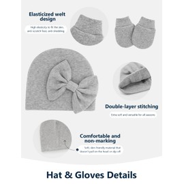 ZURLEFY Baby Girl Hats and Mittens Set for 0-6 Months, Newborn Hospital Hats with Bow for Infant Baby No Scratch Cotton Mittens Set(31G-12)