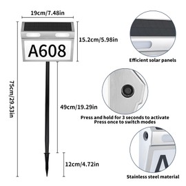 Solar House Numbers for Outside Light up Solar Address Sign House Number Waterproof, 3-Color Lighting Modes LED Illuminated Address Plaque Stainless steel Address Sign for Yard Wall-Mounted or Floor-Plugged