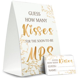 Bridal Shower Game Cards Kit (1 Standing Sign + 50 Guessing Cards), Golden,Guess How Many Kisses For The Soon To Be Mrs,Bridal Tribe Party - RH13