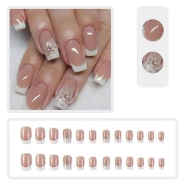 Square Press on Nails French Tip Fake Nails Medium False Nails with Brown Designs Artificial Nails Rhinestones Glossy Glue on Nails Cute Stick on Nails for Women 24Pcs