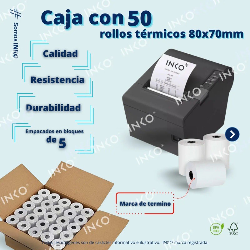 50 Rollos Papel Térmico 80x70 Impresora 80mm Negro Con Iva
