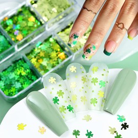 6Grids St. Patrick's Day Nail Art Glitter Sequins Kit - 3D Clover Nail Sequins Nail Stickers Decal Green Shamrock Irish Luck Shaped Design Holographic Flakes DIY St. Patrick's Day Manicure Accessories