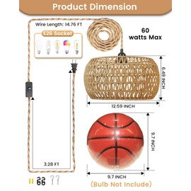 Rattan Boho Hanging Light,12.6'' Natural Hand Woven Fabric Drum Light,Plug Into Wall Outlet Pendant Light Fixture On/Off Switch for Dining,Living Room,Bedroom,Kitchen,Hallway Entryway, Without Bulb