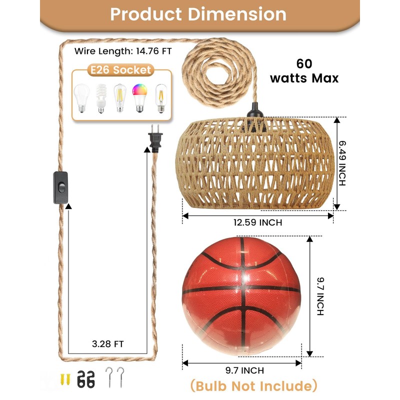 Rattan Boho Hanging Light,12.6'' Natural Hand Woven Fabric Drum Light,Plug