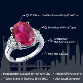 Gem Stone King 5.40 Cttw Red Created Ruby and White Topaz Engagement Ring For Women In 925 Sterling Silver | Oval 12X10MM | Available In Size 5, 6, 7, 8, 9