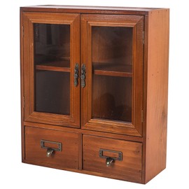 RZGZKLSH Rustic Vintage Mini Pine Counter Top Cabinet - 12" L x 4.7" W x 14" H with 2 Doors & 2 Drawers, Antique Apothecary Spice Cabinet for Kitchen, Bathroom, Office Organization & Storage(Brown)