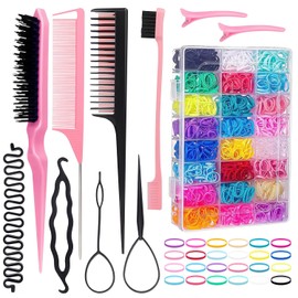 Peines para Peinados de Mujer-Juego de 10 Peines Profesionales+2000 Bandas Elásticas Mini-Kit de Peinados para Niñas y Mujeres-Incluye 24 Colores de Ligas-Color Rosa