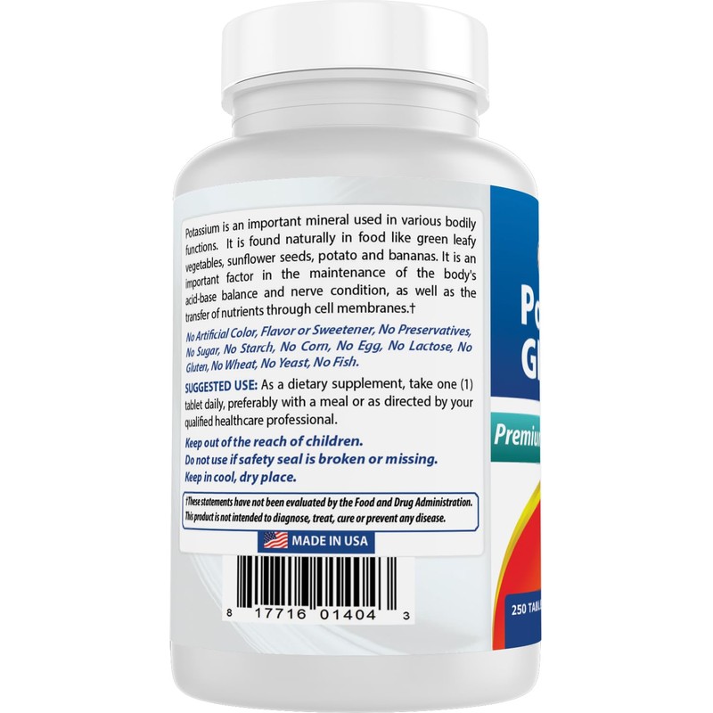 Best Naturals Potassium Gluconate Supplement 595 Mg Tablet, 250Count