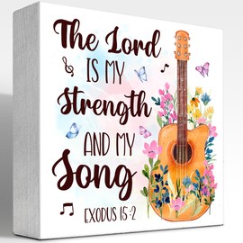 Bible Verse Wood Sign, The Lord is My Strength and My Song Christian Wood Block Sign, Scripture Decor for Desk, Shelf, Tabletop Home Office