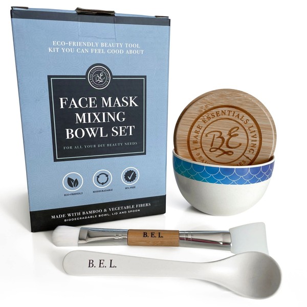 Clay Face Mask Mixing Bowl Set- Kit with Bamboo Lid, Spoon, Dual Sided Face Mask Brush Applicator Soft Silicone Spatula and Face Mask Brush for DIY Clay Mud Mask, Facials, Body and Hair (Mermaid)