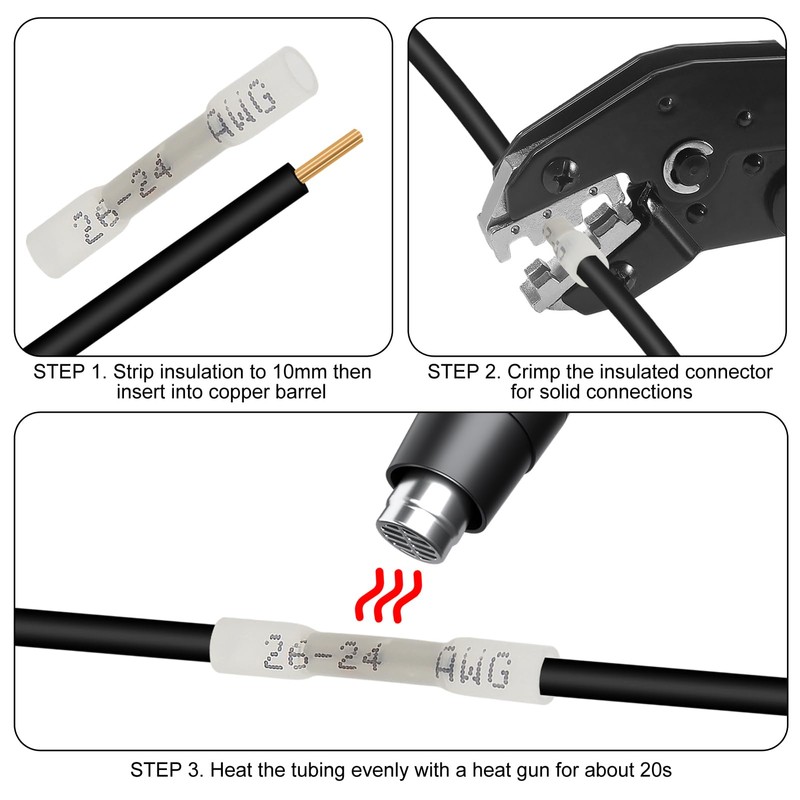 200PCS Heat Shrink Butt Connectors, Insulated Waterproof Butt Connectors 26-24