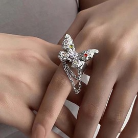 Inilbran Boho Butterfly Link Chain Ring Vintage Butterfly Wrap Open Ring Silver Crystal Butterfly Finger Ring Butterfly Adjustable Stacking Ring Jewelry for Women