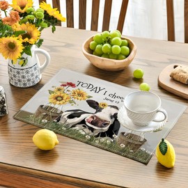 Farmhouse Cow Sunflower Placemats Set of 4, Today I Choose Joy Funny Country Rustic Animal Flower Double-Sided Table Mats for Kitchen Dining Room Home Party Indoor Decor 4 PCS 12x18 Inch