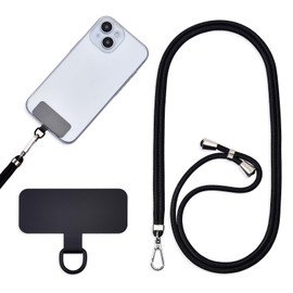 Universal Cell Phone Necklace/Shoulder Strap, Metal Stickers, Adjustable Hands Free Necklace, Black, One size