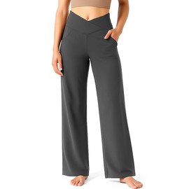 Yogaration Wide Leg Yoga Pants for Women, Crossover High Waisted Lounge Pants with Pockets, Loose Straight Leg Casual Pants for Yoga, Dance, Work, Travel 29''(Grey, Large)