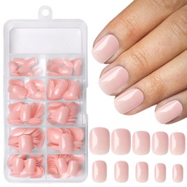 AddFavor 240pcs Press on Nails Short Square Fake Nails Glossy Full Cover Acrylic Artificial Glue on Nails Kit for Women and Girls, Nude Pink Nails