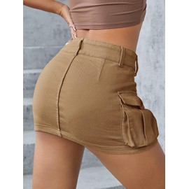 EARKOHA 2024 Women's Mini Cargo Skirt Y2K Button Low Waist Short Skirts Bodycon Denim Jean Skirt with Flap Pockets Khaki XL