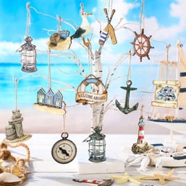 Maitys 36 Pcs Ocean Wooden Ornaments Beach Tree Decorations Coastal Nautical Navigation Wooden Cutouts Christmas Hanging Ornaments Christmas Decorations for Home Tree Party Office(Navigation)