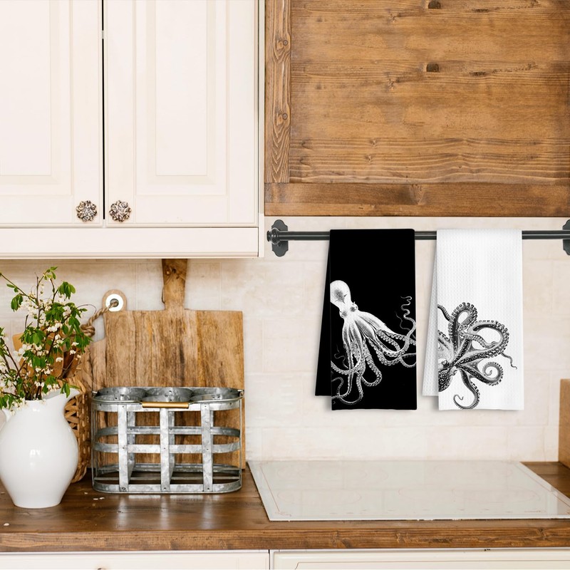 HSIASHENG Black and White Octopus Coastal Kitchen Towels, Beach Nautical