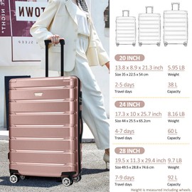 Klwenas Maec 3 - Piece Hardshell Luggage Set - Durable ABS+PC,360° Spinner Wheels,Organized Interior - 20/24/28 Inch for Men & Women (Rose Gold)