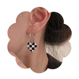 Yienate Black White Checked Grid Hoop Drop Earrings Geometric Checked Race Huggie Hoop Earrings Statement Acrylic Heart Striped Checked Dangle Earrings Jewellery for Women, Zinc, No Gemstone