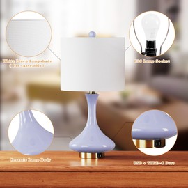 Maxax 24" Purple Table Lamp, Modern Ceramic Bedside Lamp with USB C+A Ports, Purple Nightstand Lamp with White Shade for Girl Bedroom, Living Room, ETL Listed