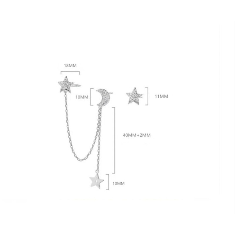 925 Sterling Silver Cuff Earrings Chain for Women Asymmetric Star
