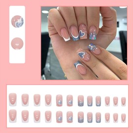 24Pcs French Tip Press on Nails Medium Square Fake Nails LOVE Full Cover False Nails with Blue Glitter Designs White Wave Heart Stick on Nails Glossy Pink Acrylic Nails Glue on Nails for Women Girls
