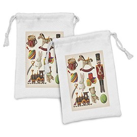 Lunarable Cartoon Fabric Pouch Set of 2, Vintage Wooden Toys Design Rocking Horse Blocks Doll Drum Train Retro Illustration, Small Drawstring Bag for Toiletries Masks and Favors, 9" x 6", Multicolor