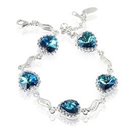 Blue Heart Crystal Bracelet for Women, 18K White Gold Plated Sparkling Sapphire Color Birthstone Link Bracelet, Adjustable "Something Blue" Jewelry Gift for Wedding, Anniversary (7.5"-8.5") B63