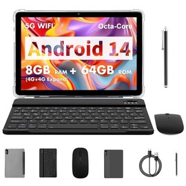 Android 10 inch tablet,Octa-Core Processor, 8GB RAM (4GB + 4GB Expansion), 64GB Storage, 6000mAh Battery, Dual Cameras,2-in-1 Bundle with Keyboard,mouse set, and Protective Case Perfect Gift for Any Occasion bluetooth-compatible Learning Learning Tablet 