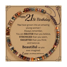 AIQIUQIU Red Pine Weaving Bracelet, 21th Birthday Gifts for Girls Women Her, Adjustable Braided Cord Natural Wood Bracelet with Quote Card- Happy 21st Birthday, and Exquisite Packaging Box