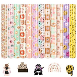 Tintnut Heat Transfer Vinyl - 12 Sheets 12 x 10 inches Retro HTV Groovy Heat Transfer Vinyl Daisy Patterned HTV Iron on Vinyl for Tshirts DIY Compatible with Cricut or Silhouette Cameo