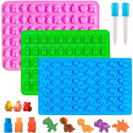 Mini Silicone Gummy Molds, Food-Grade Non-Stick Candy & Chocolate Molds, BPA-Free, Including Bear, Dinosaur, and Fruit Shapes with 2 Droppers, Set of 3