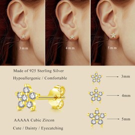 Cangall Silver Stud Earrings for Women Girls, 3 Pairs 925 Sterling Silver Flower Stud Earrings Set Gold for Multiple Piercing, Dainty CZ Small Hypoallergenic Cartilage Sleeper Gold Studs Earrings