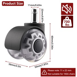 Foydream Office Chair Castors, Set of 5, Very Quiet Wheels for Office Chairs, 11 x 22 mm, Desk Chair Wheels for Carpet, Parquet Floors, Hard Floors and Tiles, Grey (Not for 1KEA 10 mm Pen)