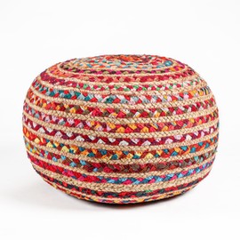 RIANGI Briaded Round Ottoman Pouf - Boho Pouf Ottoman Foot Rest - Poofs/Ottomans Furniture Decor - Poofy Ottoman for Bedroom - Poufs for Living Room Jute and Cotton - (18"x18"x10")