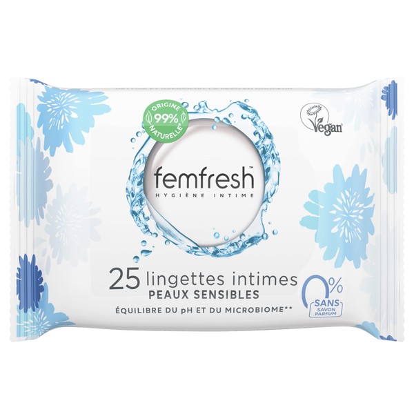 Femfresh - Lingettes Intimes Peaux Sensibles 0%, Aloe Vera & Calendula - 25 Lingettes