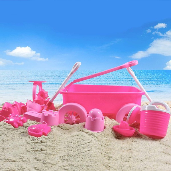 Liberty Imports Pink Princess Beach Wagon Toy Set for Kids with Castle Molds, Sand Wheel, Water Pail, Play Tools and Featured Molds (14 Pcs Playset)