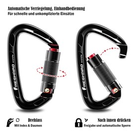 FresKaro Climbing Carabiner, Screw Carabiner with Large Opening, Carabiner Hook Climbing, Carabiner Black Matt, Screw Cap, Large, for Hammock, Fire Brigade, Extra Strong 2550 kg, Pack of 2