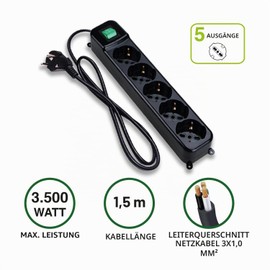 Tecnoware Power Systems Power Strip - Electrical Power Strip with 5 Schuko/Italy Outputs 10/16A 45° Tilt - Illuminated Switch and Child Protection - Schuko Input Plug