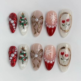 Christmas Press on Nails Medium Almond MABKJLF Fake Nails French Tip False Nails with Snowflake Tree Gold Bow Tulip Pearls Designs Full Cover Glossy Glue on Nail Acrylic Nails for Women Girls 30Pcs