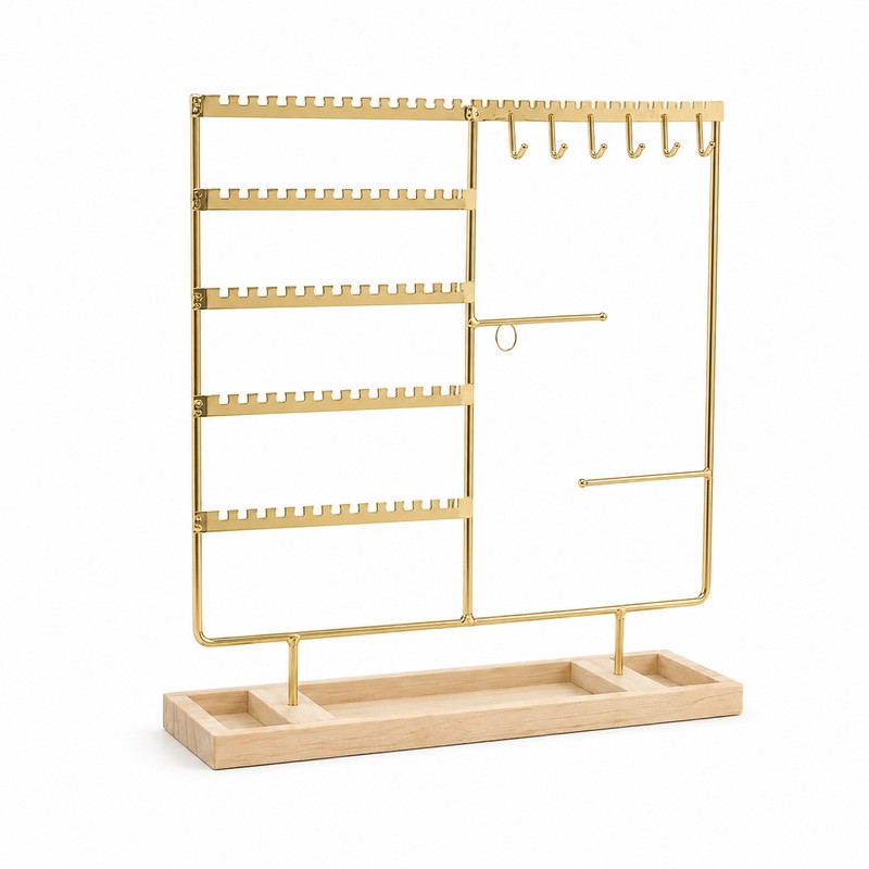 Metal Jewelry Organizer Stand with Wooden Tray, Multi-Tier Earring, Necklace,
